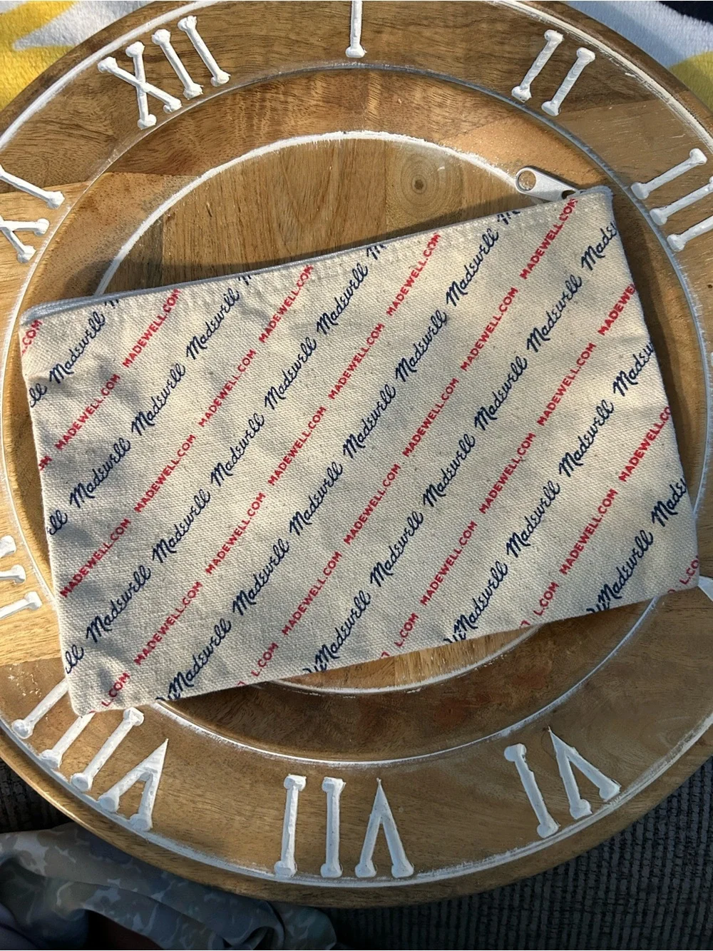 Madewell Cream Canvas Pouch with Red & Navy Logo Script for makeup or anything